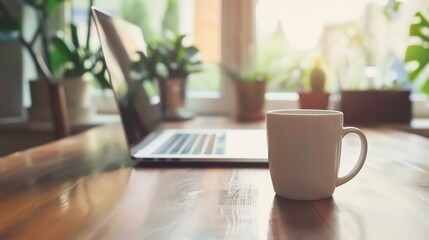 A white mug sits on a wooden table next to a laptop.