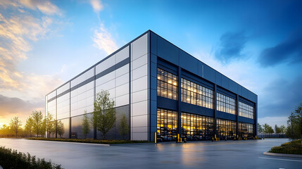 Obraz premium Modern industrial building with large windows and loading docks.