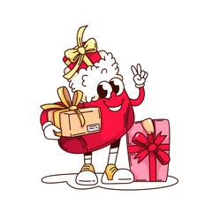 Groovy Christmas stocking cartoon character holding gifts. Funny retro red sock of Santa with surprise present and V fingers. Merry Christmas mascot, cartoon sticker of 70s 80s vector illustration