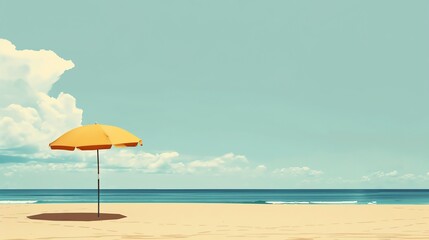 A yellow beach umbrella on a sandy beach with blue water and a blue sky with white clouds.