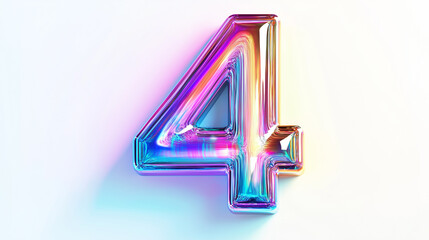 Vibrant 3D number four displayed against a bright background showcasing colorful reflections and glossy finishes