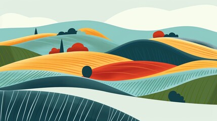 Fototapeta premium Abstract landscape with rolling hills in shades of blue, yellow, green and red.