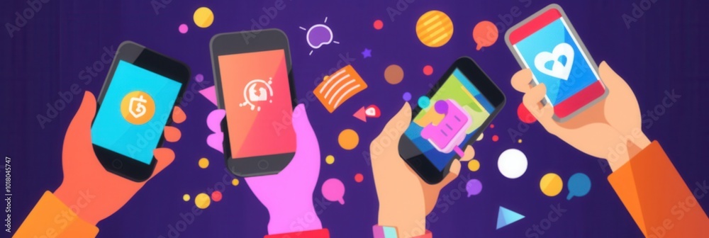 Aufkleber a group of hands holds smartphones, each showcasing different active social media applications in a 