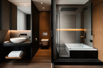 Modern bathroom interior featuring a sink with a round basin, a wall-mounted toilet, a glass shower enclosure, wooden accents, and recessed lighting.
