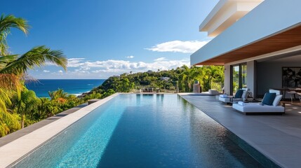 Fototapeta premium Modern beach villa with a sparkling pool and ocean view, no people. Room for copy on the patio.