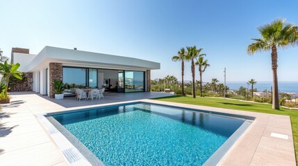 Fototapeta premium Modern beachfront villa with a large pool and panoramic sea view, no people. Copy space available in the sky.