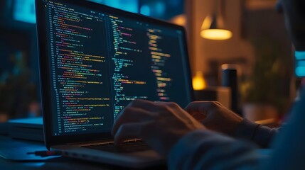 
Hands typing on laptop with programming code on screen, representing software development. Perfect for coding, IT solutions, digital technology, web applications.