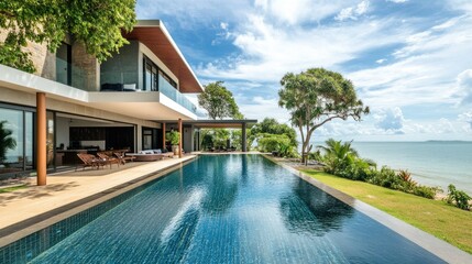 Fototapeta premium Modern beachfront villa with an infinity pool, no people. Copy space available in the surrounding area.
