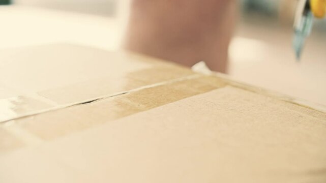 Close-up shot of a snap blade knife cutting duct tape to open a cardboard box parcel