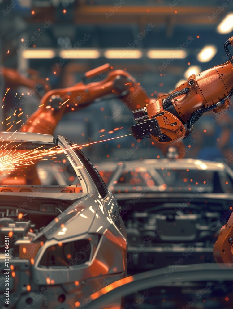Fototapete advanced robotic arms carry out precise tasks on a car assembly line, enhancing productivity and ens