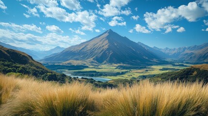 Naklejka premium A picturesque view of a mountain range with a valley and lake in the distance, surrounded by lush green vegetation under a clear blue sky with fluffy white clouds.