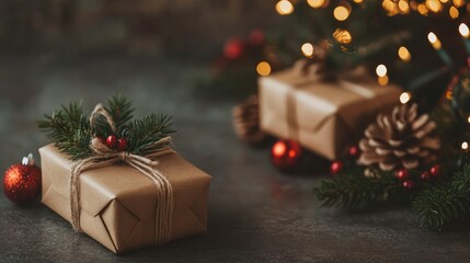 Craft paper wrapped Christmas gifts with pine branches. Holiday season concept for design and print