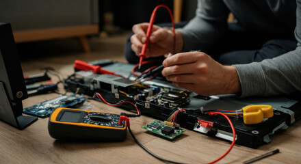 Person repairs electronic device using tools on wooden floor