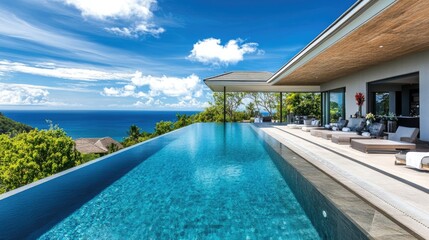 Fototapeta premium Seaside villa with a luxurious pool and ocean view, no people. Plenty of room for text in the foreground.