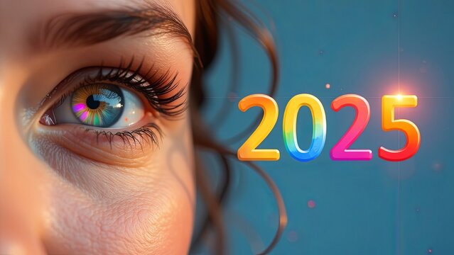 Left Eye With Rainbow Colors and rainbow number 2025.  2025 new year ophtalmologist background. new year  opthalmologyical concept. 2025 new year medical concept