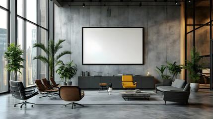 Modern office space with seating, plants, and a large screen.