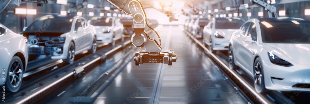 Aufkleber robotic arms are efficiently performing assembly tasks on vehicles in a cutting-edge car manufacturi