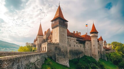Fototapeta premium Stunning European castle with beautiful towers, no people. Open space for text in the sky above.
