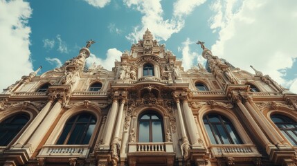 Obraz premium Stunning European city landmark building with intricate details, no people. Ample copy space in the sky above.