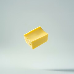 Floating block of yellow butter isolated on gray background.