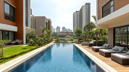 Modern poolside view in a residential complex with city backdrop.