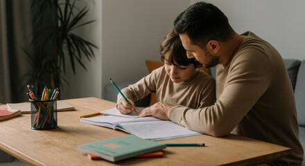 Father helping son with homework at table
