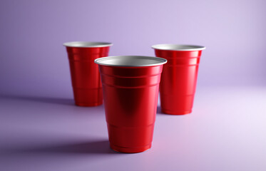 Red plastic party cups on purple background. 3d-rendering