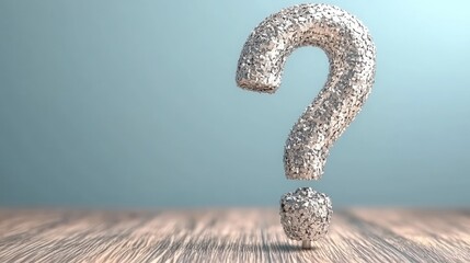 Grey-white stone question mark standing on a wooden table, rendered in 3D with a vibrant blue background.