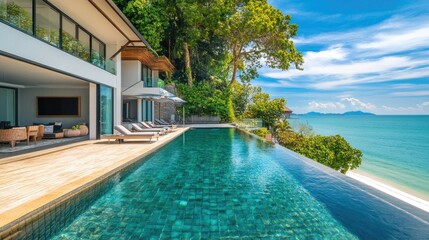 Fototapeta premium Stunning luxury villa by the beach, with a crystal-clear swimming pool, no people. Copy space available on the deck.