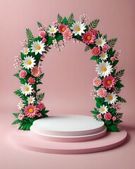 A pink and white podium with a floral archway, ideal for showcasing products.