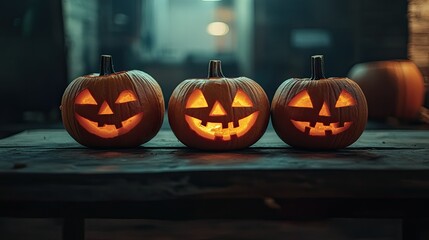 Three carved Jack O' Lanterns sitting on a wooden table, spooky Halloween vibes, with ample copy space above.