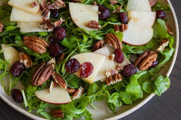 Fall Salad with Arugula, Apples, Cranberries, and Pecans - Close-Up