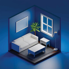 Minimalist Living Room Interior Design and blue background