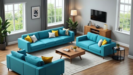 Modern living room interior design with turquoise sofas, yellow pillows, wooden coffee table and TV stand, and a white rug on hardwood floor.