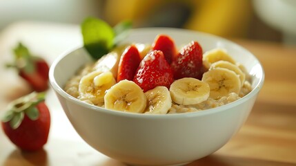 A bowl of oatmeal topped with banana slices and strawberries.