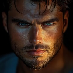 Obraz premium Close-up portrait showcasing a confident man with striking features and intense blue eyes, illuminated by soft lighting.