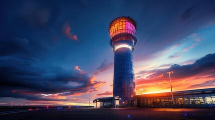 Obraz premium A busy airport control tower, vibrant colors, photography, dynamic, detailed