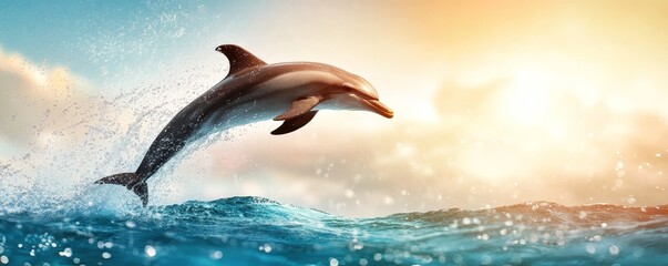 Dolphin jumping out of the water at sunset