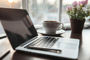 Close-up of an open laptop keyboard with coffee and pens next to it, symbolizing working from a home office. 