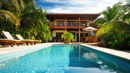 Tropical beach villa with a stunning pool and lush surroundings, no people. Ample space for copy in the background