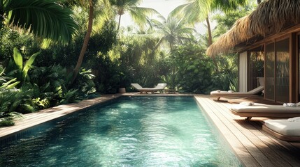 Obraz premium Tropical beach villa with a stunning pool and lush surroundings, no people. Ample space for copy in the background