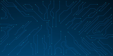 Vector illustration fantastic digital technology. Technology lines circuit and dots on blue background, Thin circuit trace lines in blue on a dark technology background.