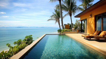 Fototapeta premium Tropical villa by the beach with a private pool and ocean horizon, no people. Room for text in the foreground.