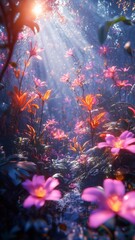 Obraz premium Magical Bloom: Vibrant Flowers Illuminated by Sun Rays – Made with Generative AI
