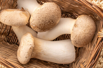 Fresh fragrant King Oyster Mushroom in a basket, macro, top view.