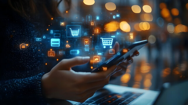 Person using a smartphone with digital shopping icons overlay.