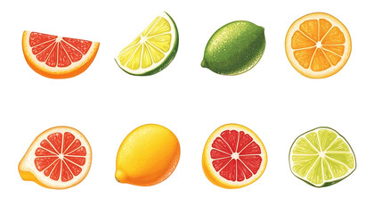 Obraz premium Citrus, pomelo, grapefruit, orange, lemon, tangerine, lime, kumquat, isolated on a transparent background 
