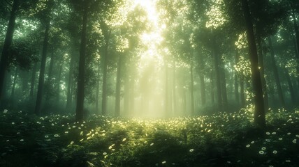 Obraz premium Magical Forest Scene with Rays of Light and Blossoming Flowers – Made with Generative AI