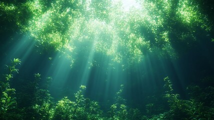 Obraz premium Radiant Light Penetrating a Dense Green Forest – Made with Generative AI