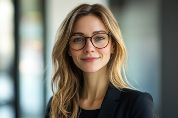 Young woman wearing glasses smiles warmly.
